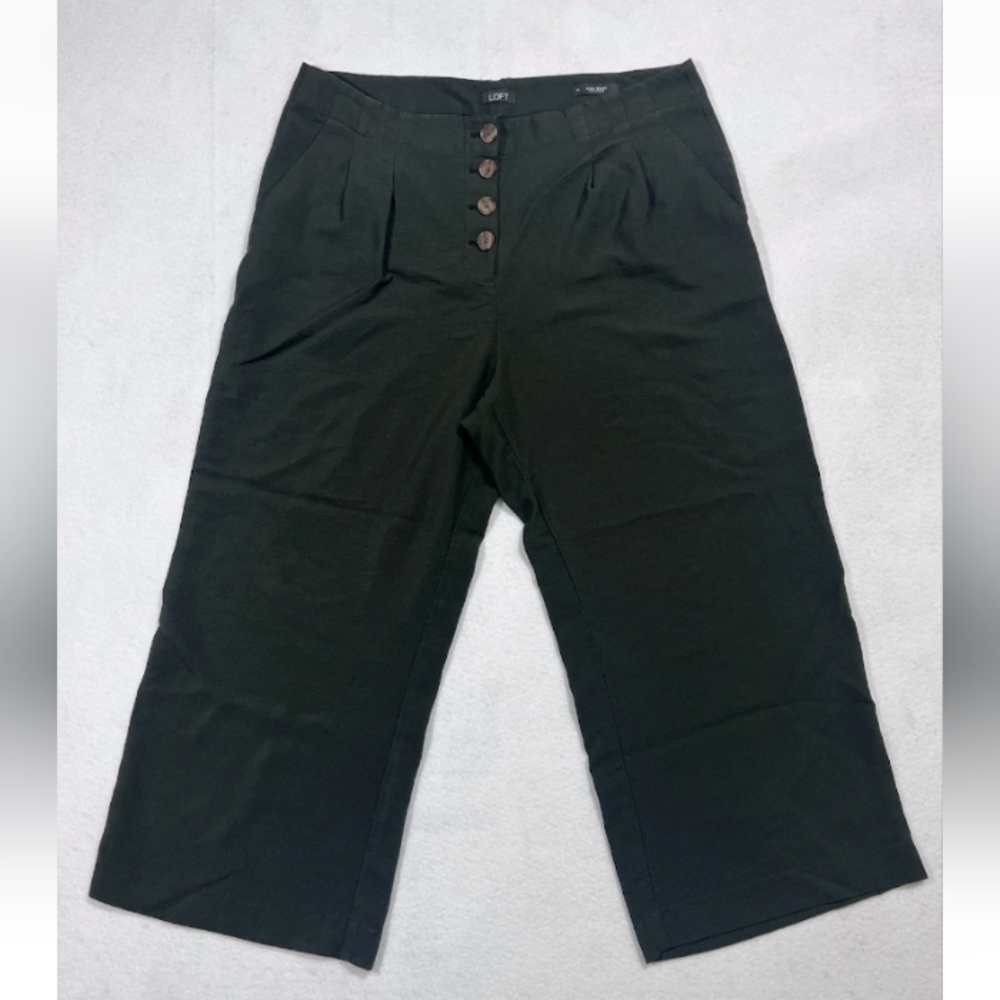 Loft Pants Women's High Waist Wide Leg Olive Green Button Front Size 12 Career